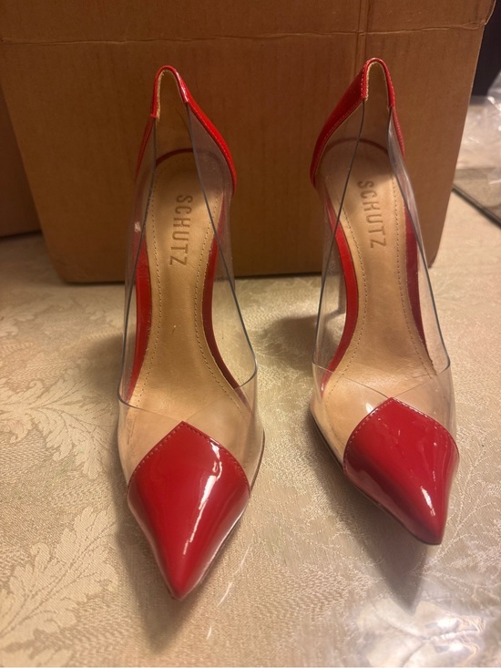 SCHUTZ Shoes - Schutz Cendi Red Clear Patent PVC Pointed Toe Heels Size 6 Fits 5.5